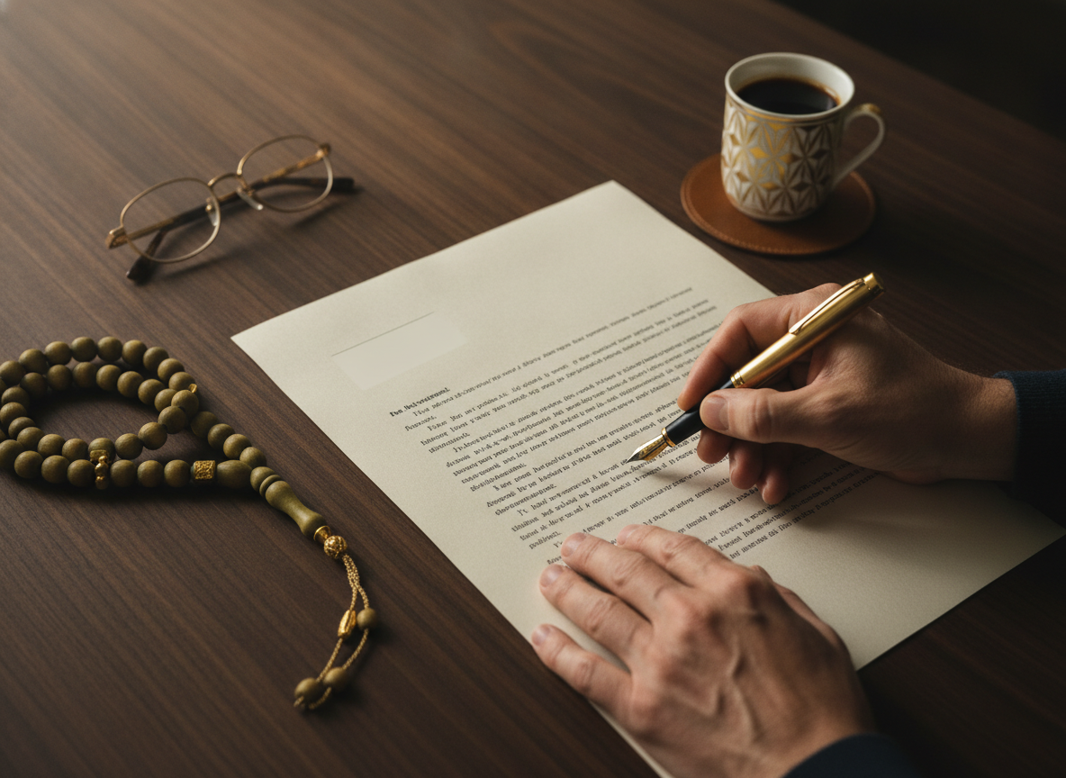 Signing a will with a fountain pen beside prayer beads and Arabic coffee